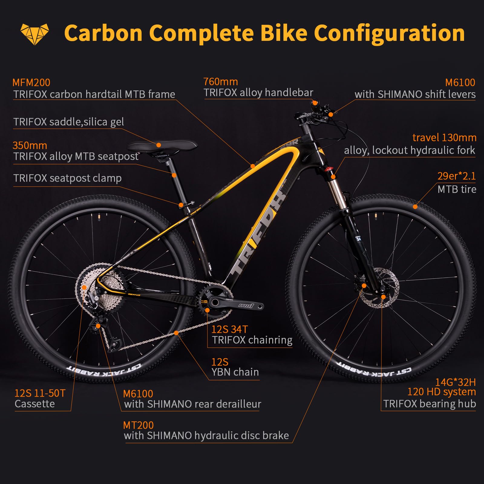 TRIFOX Carbon Fiber Mountain Bike with Shimano M6100 Deore Groupset 12-Speed,Carbon Fiber Frame,Hydraulic Fork 130mm Travel,29er Mountain Bike for Adult 17/19 inch (Obsidian Yellow, 29er * 19 inch)