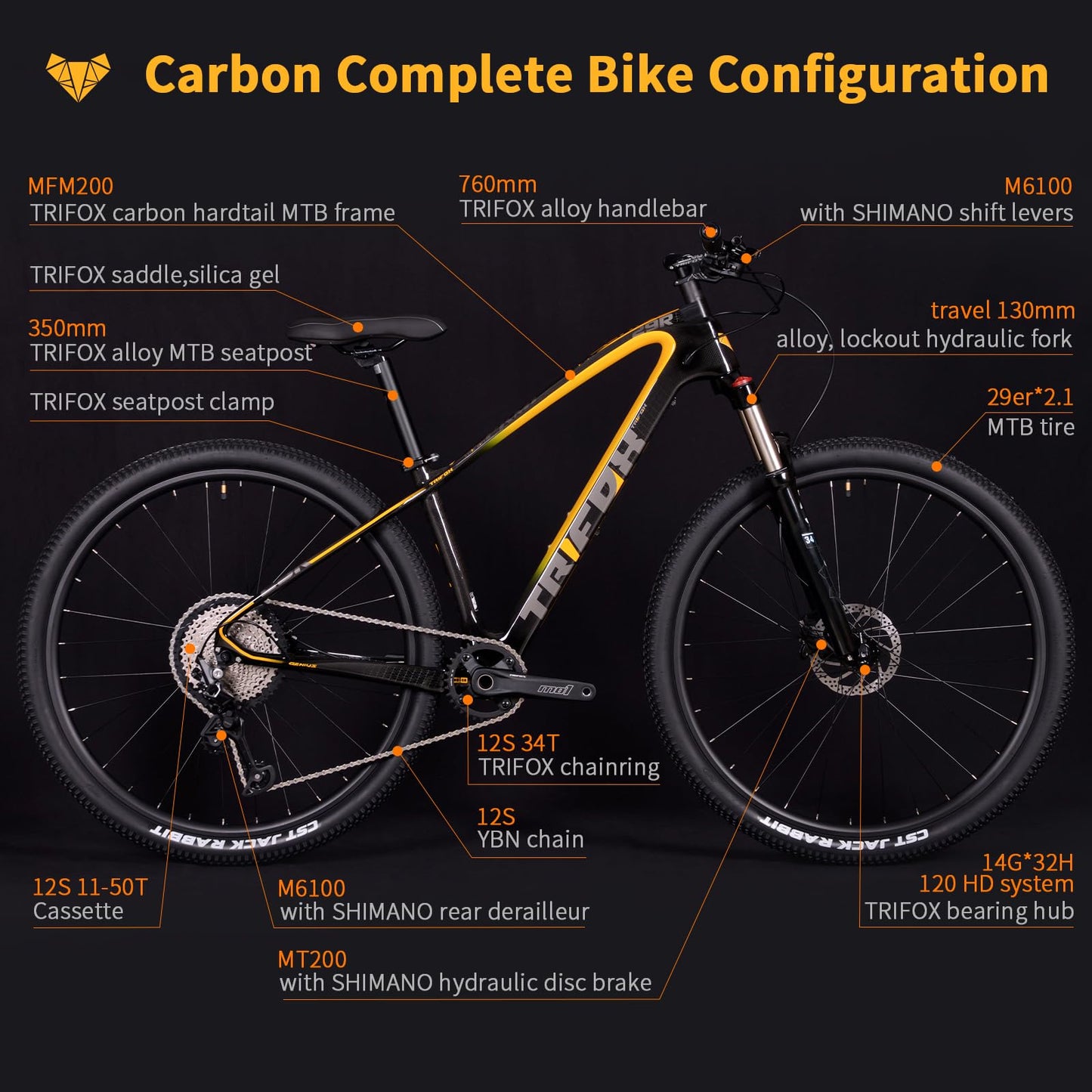 TRIFOX Carbon Fiber Mountain Bike with Shimano M6100 Deore Groupset 12-Speed,Carbon Fiber Frame,Hydraulic Fork 130mm Travel,29er Mountain Bike for Adult 17/19 inch (Obsidian Yellow, 29er * 17 inch)
