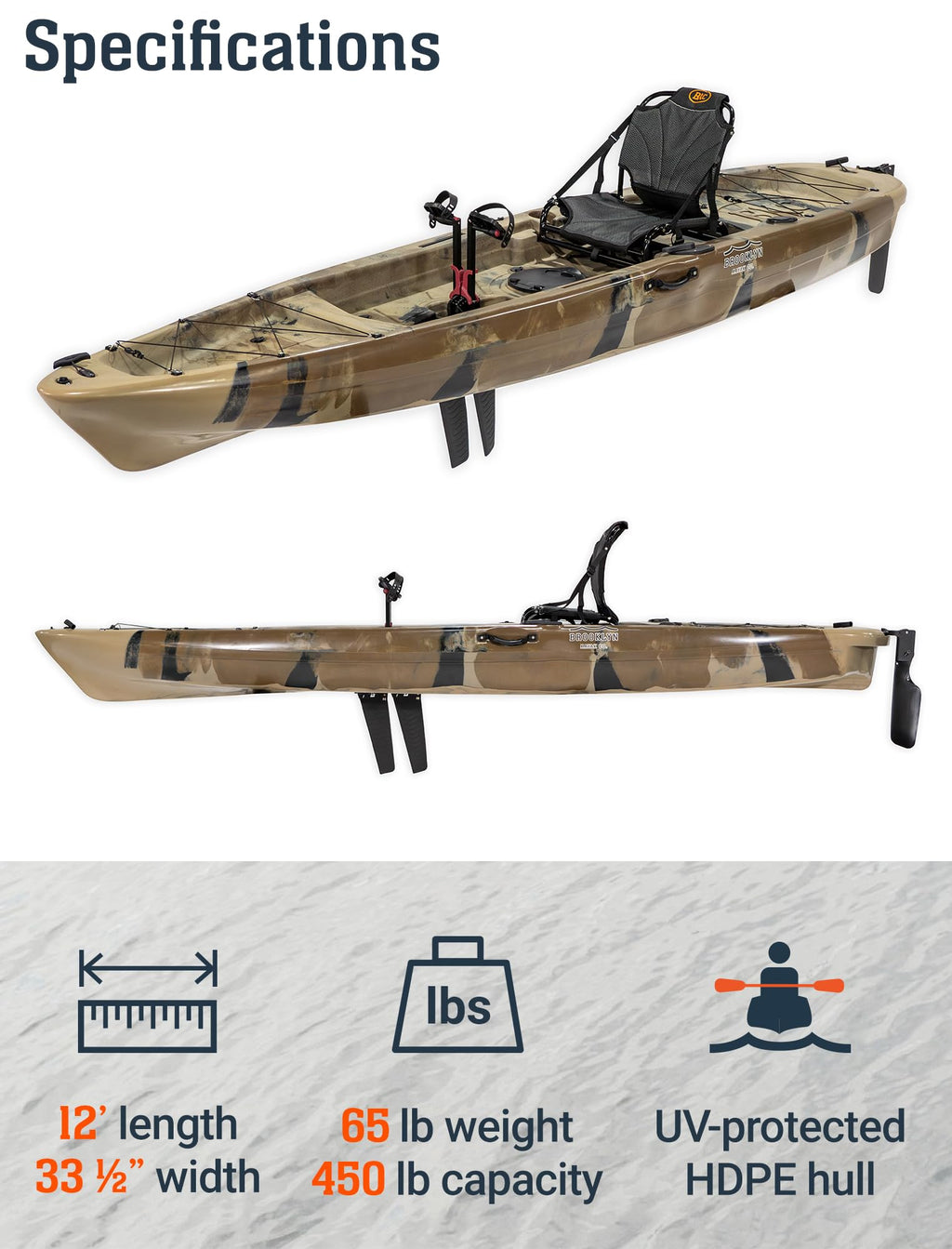Upgraded Brooklyn 12.0 Single Pedal Kayak by BKC, Lightweight 12-Foot Sit-On-Top Pedal-Drive Kayak with Rudder, Stable Fishing & Touring Design, 440 lb Capacity, Storage Hatches (Storm Surge)