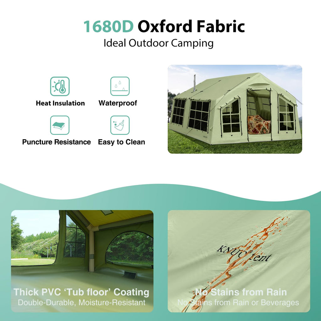 KNUO 2026 Upgraded 100% Waterproof Inflatable Camping Tent for 6~8 People, Large Blow-Up Air Tent, No Assembly Needed Luxury Glamping House, 12x15ft Oxford Fabric, Green