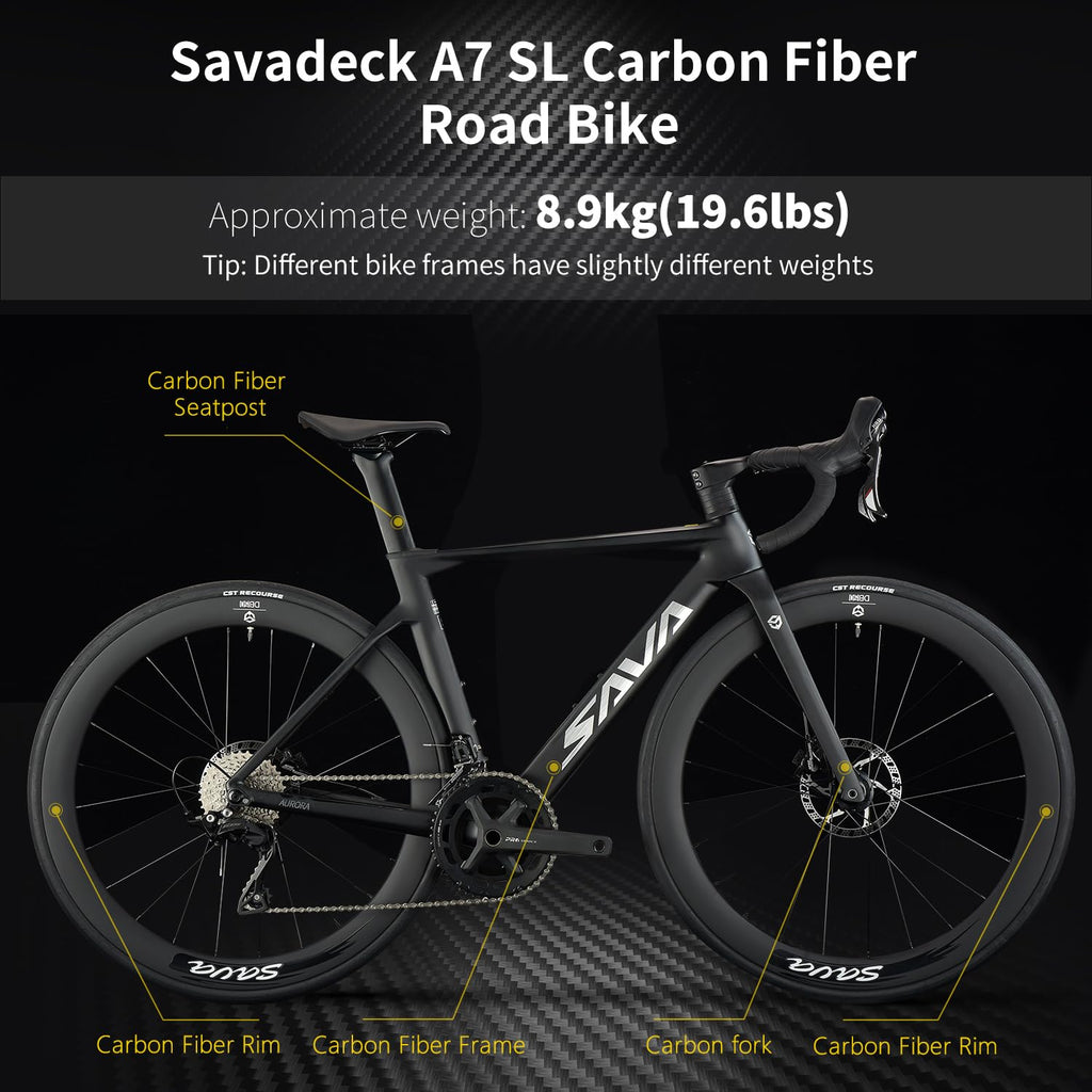 SAVADECK A7L Carbon Road Bike, T800 Carbon Fiber Frame 700C Racing Bicycle with Shimano 105 R7100 24 Speed Groupset and Hydraulic Disc Brake, Ultra-Light Carbon Bike for Man and Women(White,47cm)