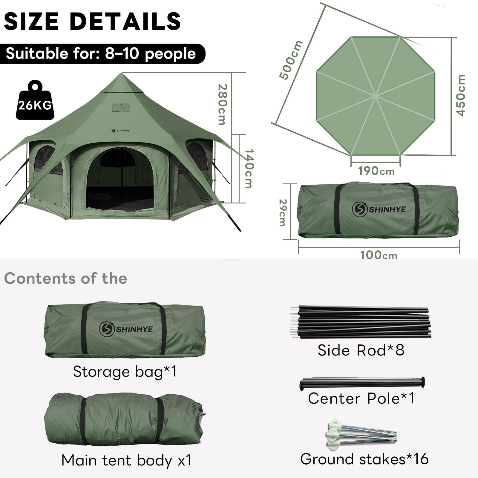 ShinHye 16.4ft Bell Tent for Glamping & Camping – Waterproof Canvas with Stove Jack, Removable Floor & 8 Mesh Windows (Fits 6-8 People)