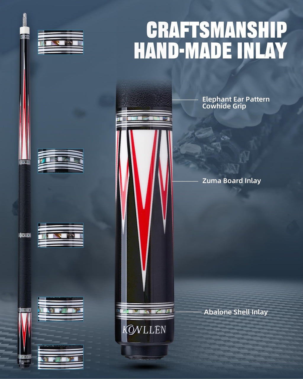 KONLLEN 2.0 Carbon Fiber Pool Cue with Professional Taper | Low Deflection Hand-Made Inlay Billiard Stick | Ultra-Smooth Shaft for Adult & League Players