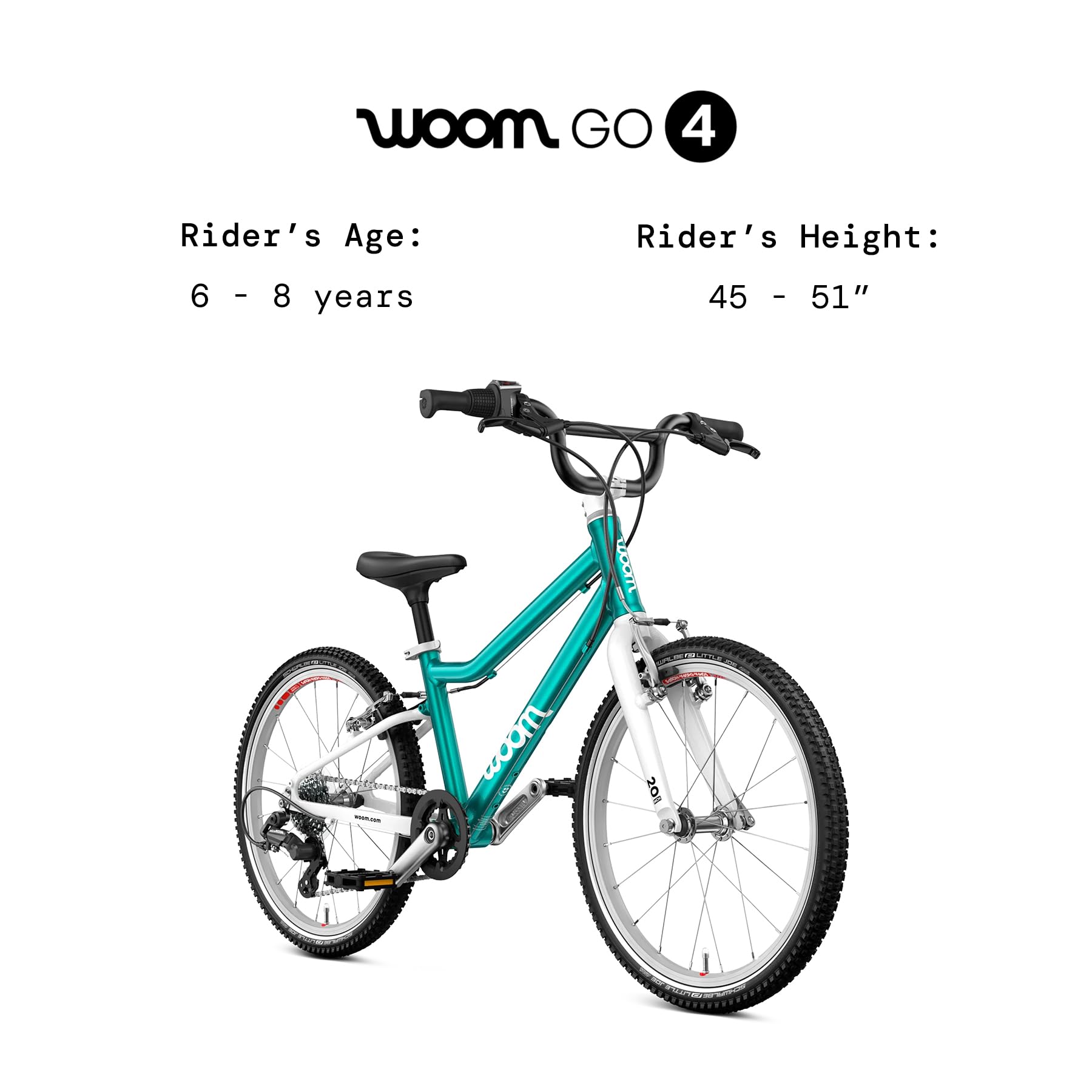 woom GO 4 Bicycle for Kids 6 to 8 Years Old, 20-Inch Lightweight 7-Speed Bike for Beginner Riders with Handbrake for Boys & Girls - Metallic Turquoise