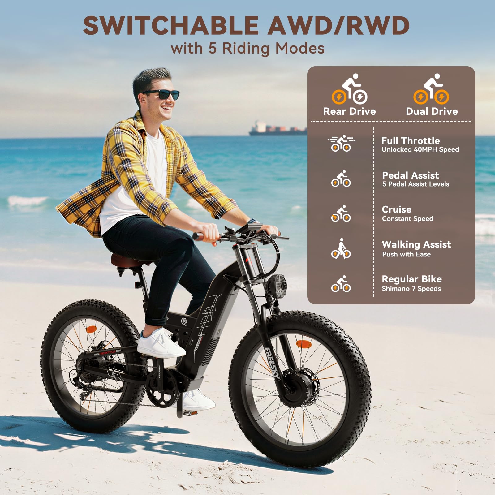 FREESKY 4000W Dual Motor Electric Bike for Adults, 48V 30AH Battery 120Miles Range, 40+MPH AWD Fast E-Bike, 26" Fat Tire Full Suspension Off-Road Mountain E Bike, Black, with Cycling Kits