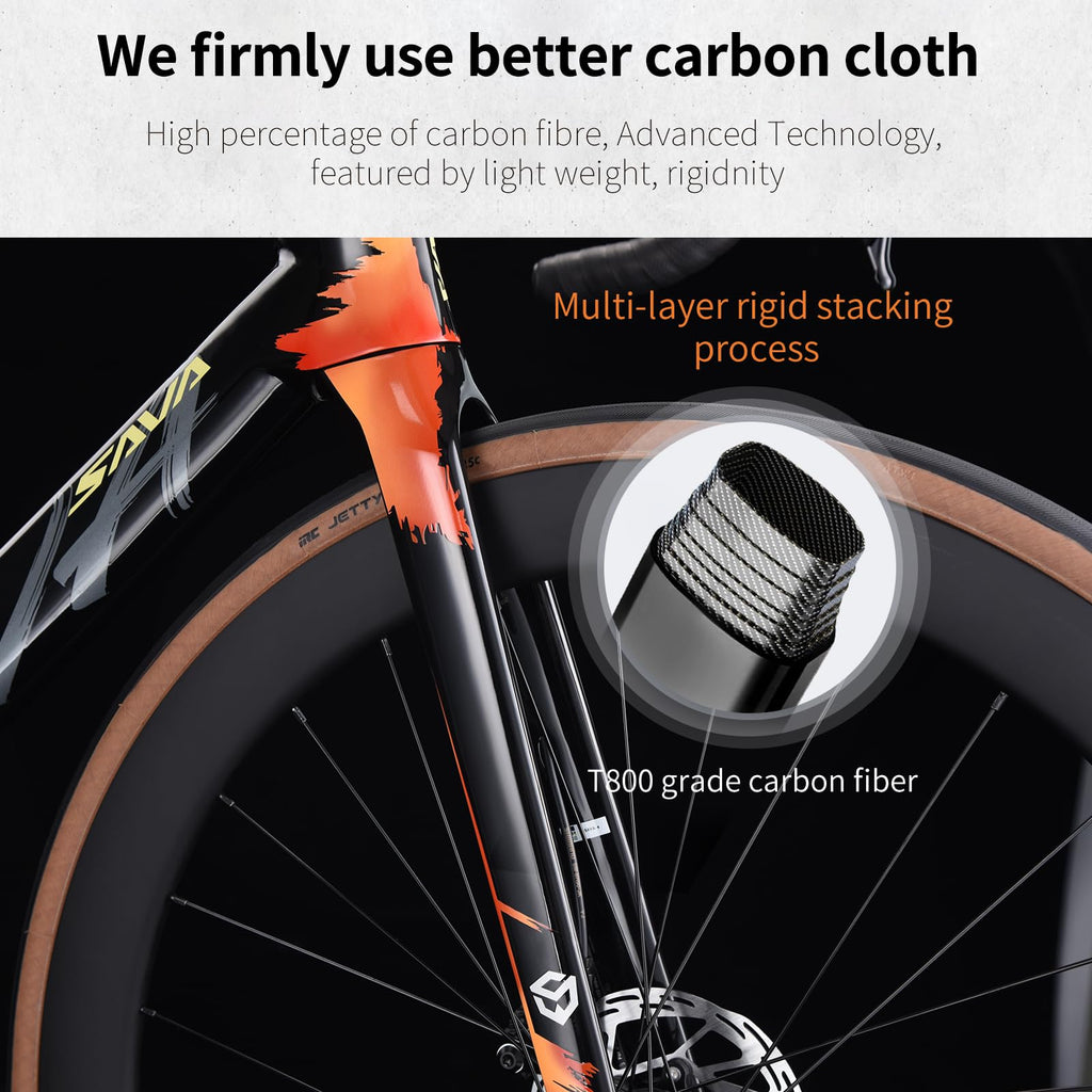 SAVADECK Carbon Fiber Road Bike, Hydraulic Oil Disc Bike with Carbon Fiber Frame and Wheelset, Lightweight Full Carbon Racing Bicycle with Shimano R7120 24S Shift Set for Adults(51CM,Twilight-Orange)