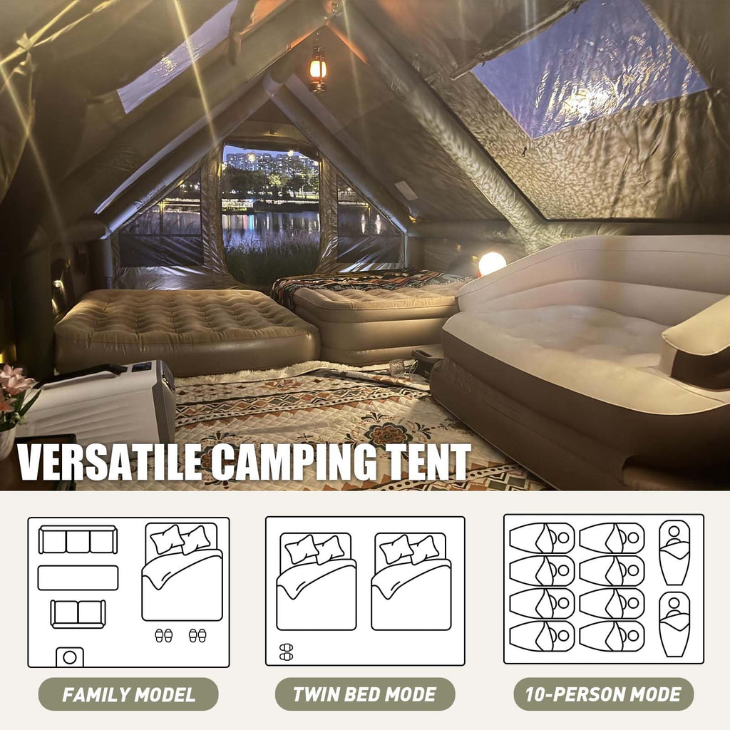 13' x 10' Inflatable Camping Tent for 8-10 Person, 4 Season Blow Up Tents with Waterproof pad, Easy Set-Up Glamping Inflatable Hot Tent with Stove Jack for Camping Adult