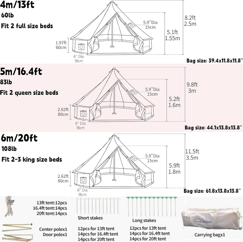 DANCHEL OUTDOOR 4 Season Canvas Yurt Tent with Large Wood Stove, Heavy Duty Bell Tent with Stove Jack 8 Person Winter Camping Glamping, 6m/20ft