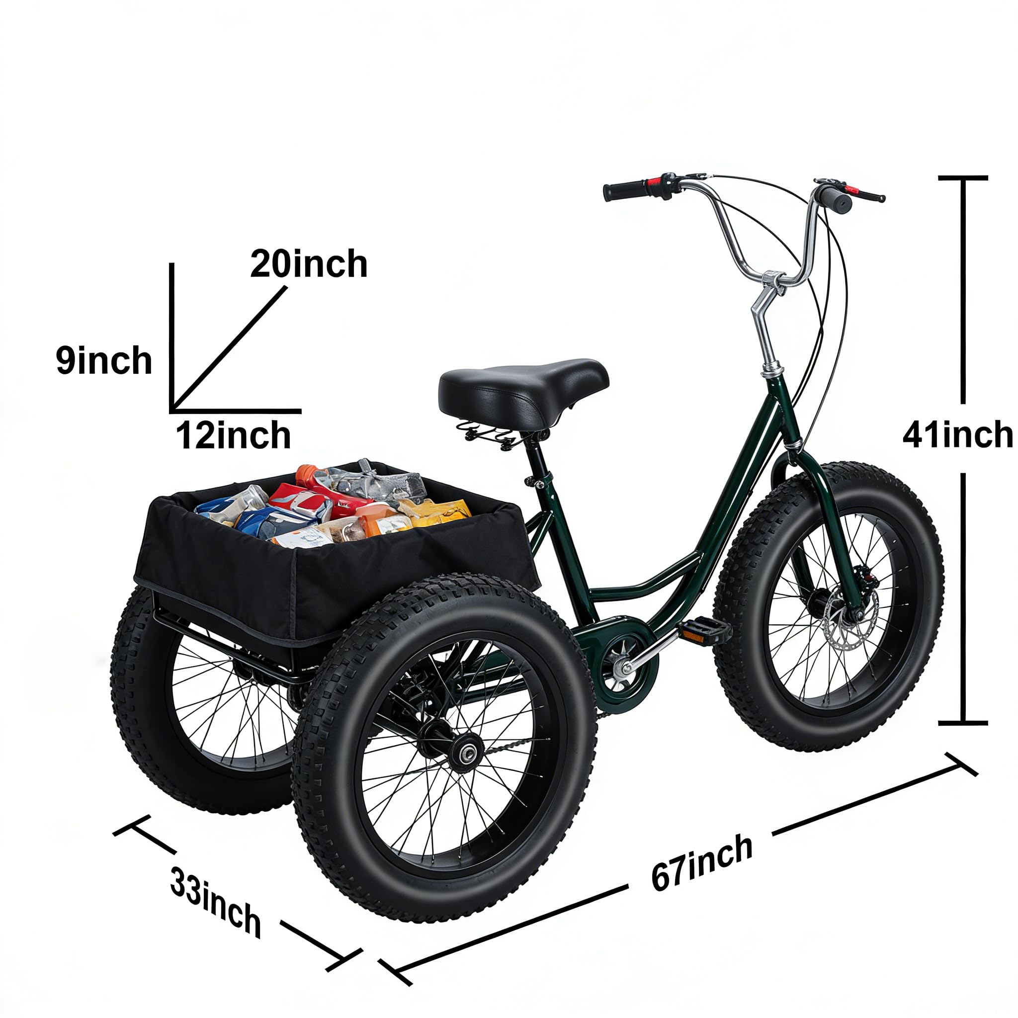 nawoefii Fat Tire Tricycle for Adults 20 Inch, 3 Wheel Bike for Adults Men Women, 7 Speed Cruise Trike with Big Basket, 450 LBS Load All Terrain Heavy Duty Three-Wheeled Cargo Bicycle