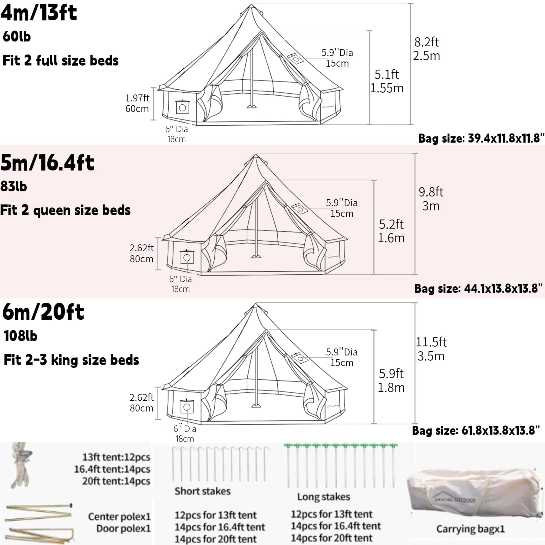 DANCHEL OUTDOOR 4 Season Canvas Yurt Tent with Large Wood Stove, Heavy Duty Bell Tent with Stove Jack 4 Person Winter Camping Glamping, 13ft/4m