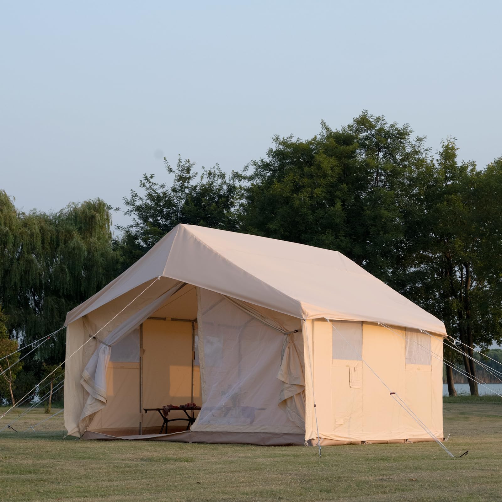 WaldZimmer Cotton Canvas Wall Tent with Rain Canopy Waterproof Outdoor Tent for Hunting Family 4 Season Camping Tents Heavy Duty Steel Frame&PVC Floor, Beige