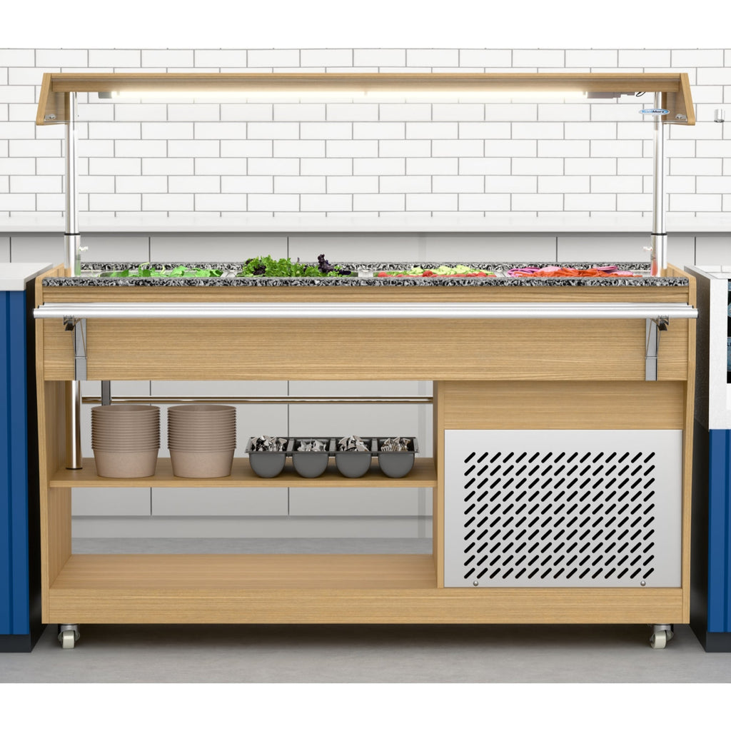 59 in. Commercial Refrigerated Buffet Table with Capacity for 4 Full-Size GN Pans, Featuring Adjustable Cover, a Serving Rail and 4 Lockable Casters in Wooden Finish