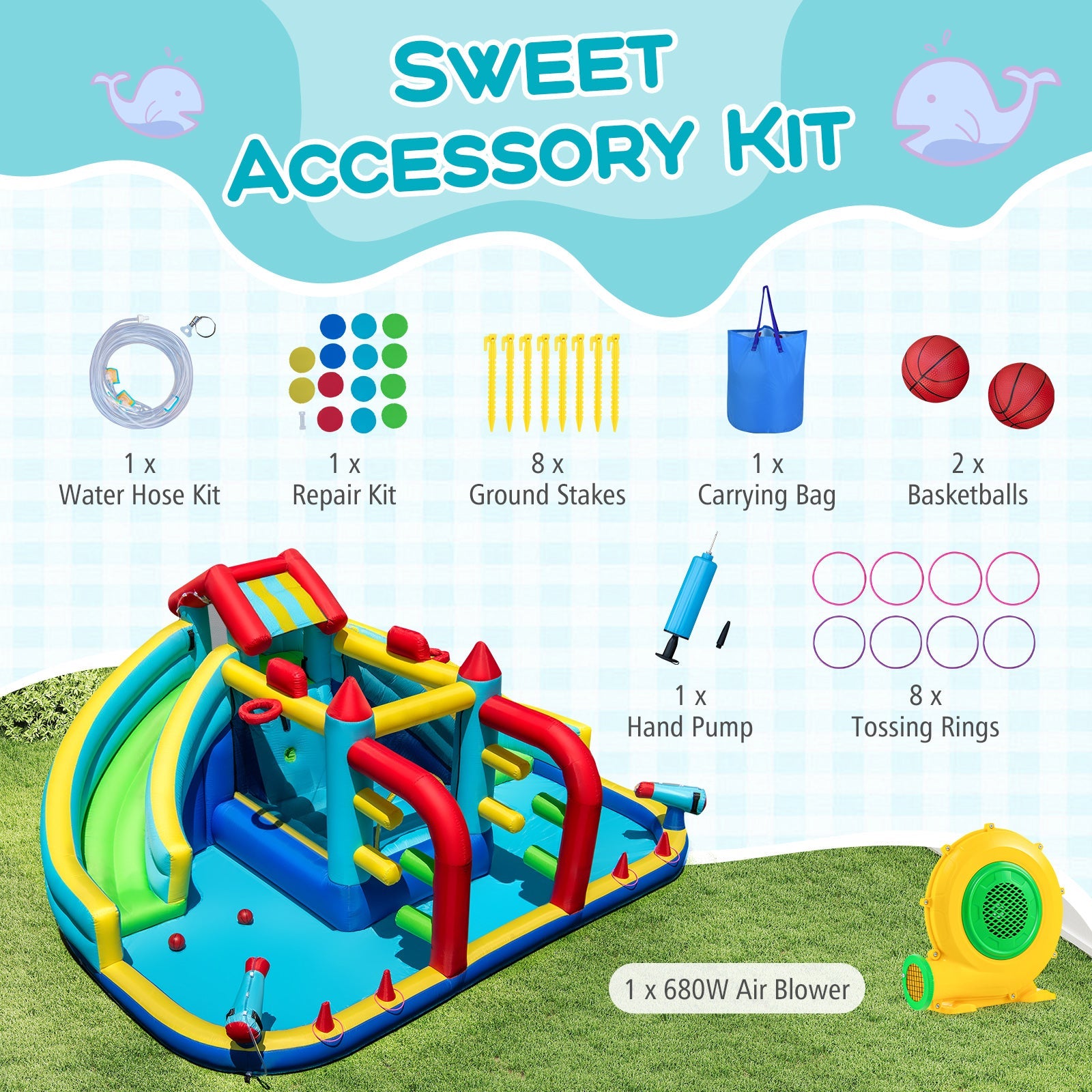 Costway Inflatable Double Water Slide Park Obstacle Course 680W Blower 18130534 New