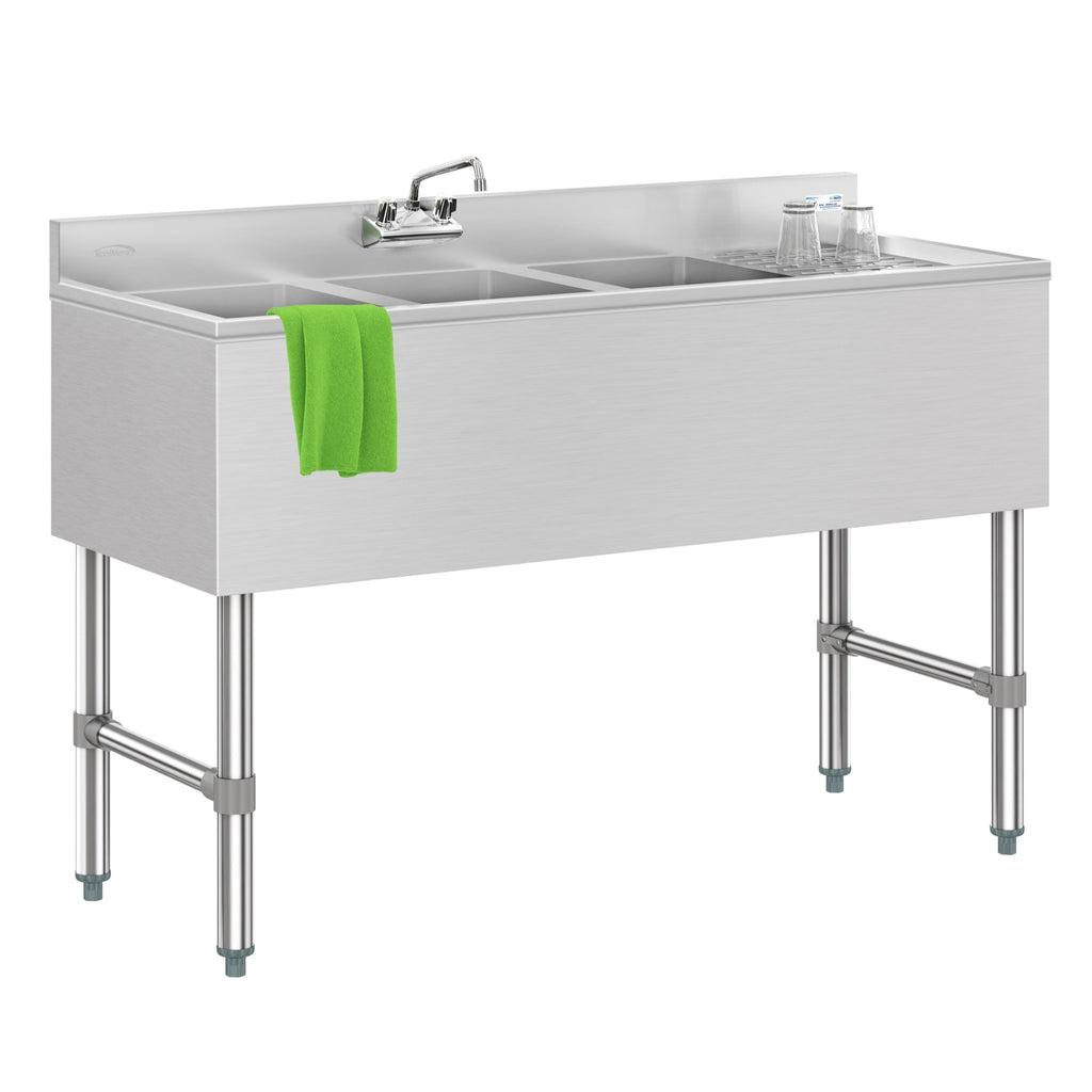 48 in. Three-Compartment Commercial Under-Bar Sink with 3 in. Backsplash, Right Drainboard and Low Lead Faucet, NSF Certified in Stainless Steel