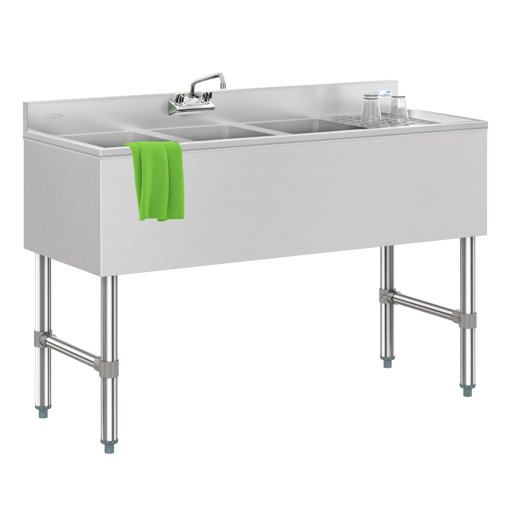 48 in. Three-Compartment Commercial Under-Bar Sink with 3 in. Backsplash, Right Drainboard and Low Lead Faucet, NSF Certified in Stainless Steel