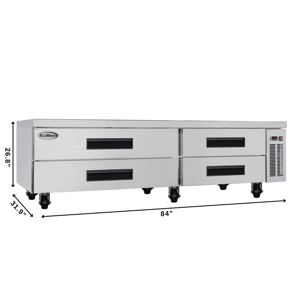 84 in. Commercial Chef Base Refrigerator Storage Cabinet for Cold Foods, Fresh Ingredients, and Condiments, Refrigerated Pull-Out Drawers, Rolling Caster Wheels, ETL Listed