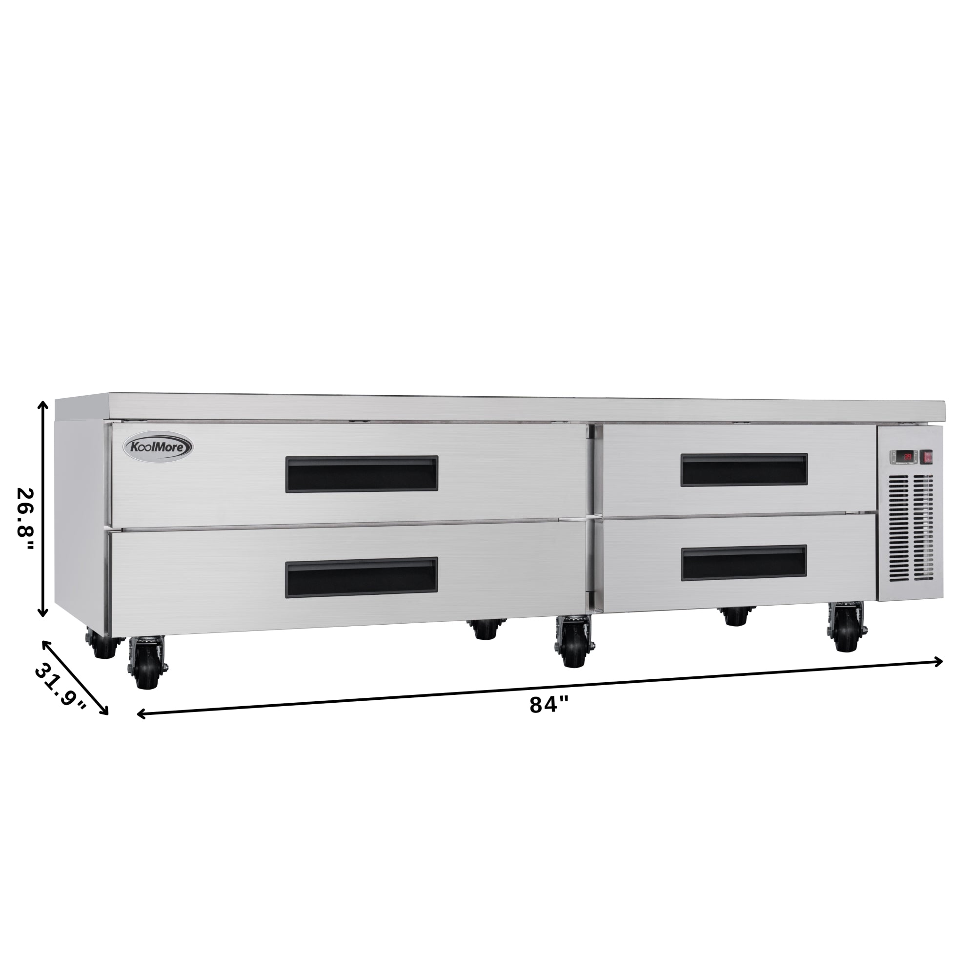 84 in. Commercial Chef Base Refrigerator Storage Cabinet for Cold Foods, Fresh Ingredients, and Condiments, Refrigerated Pull-Out Drawers, Rolling Caster Wheels, ETL Listed