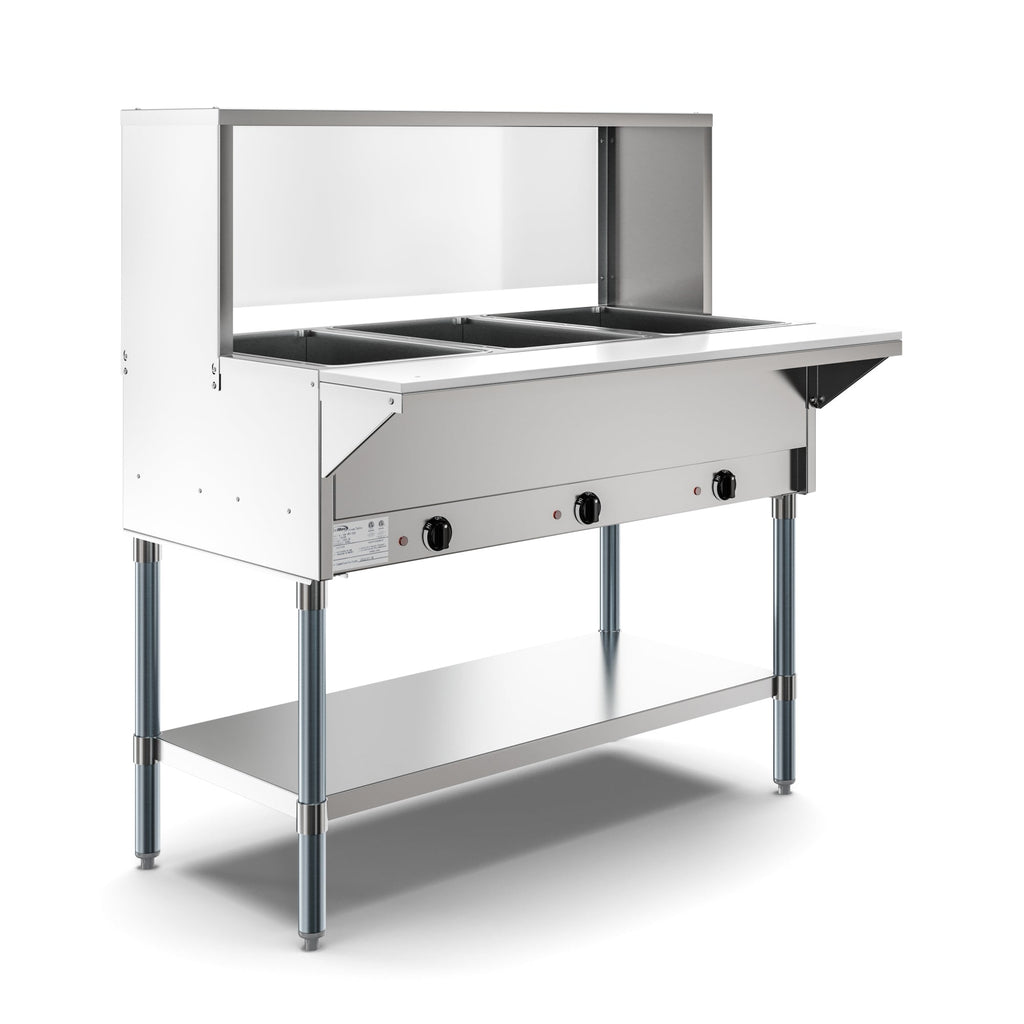 Three Pan Open Well Electric Steam Table with Undershelf and Sneeze-Guard