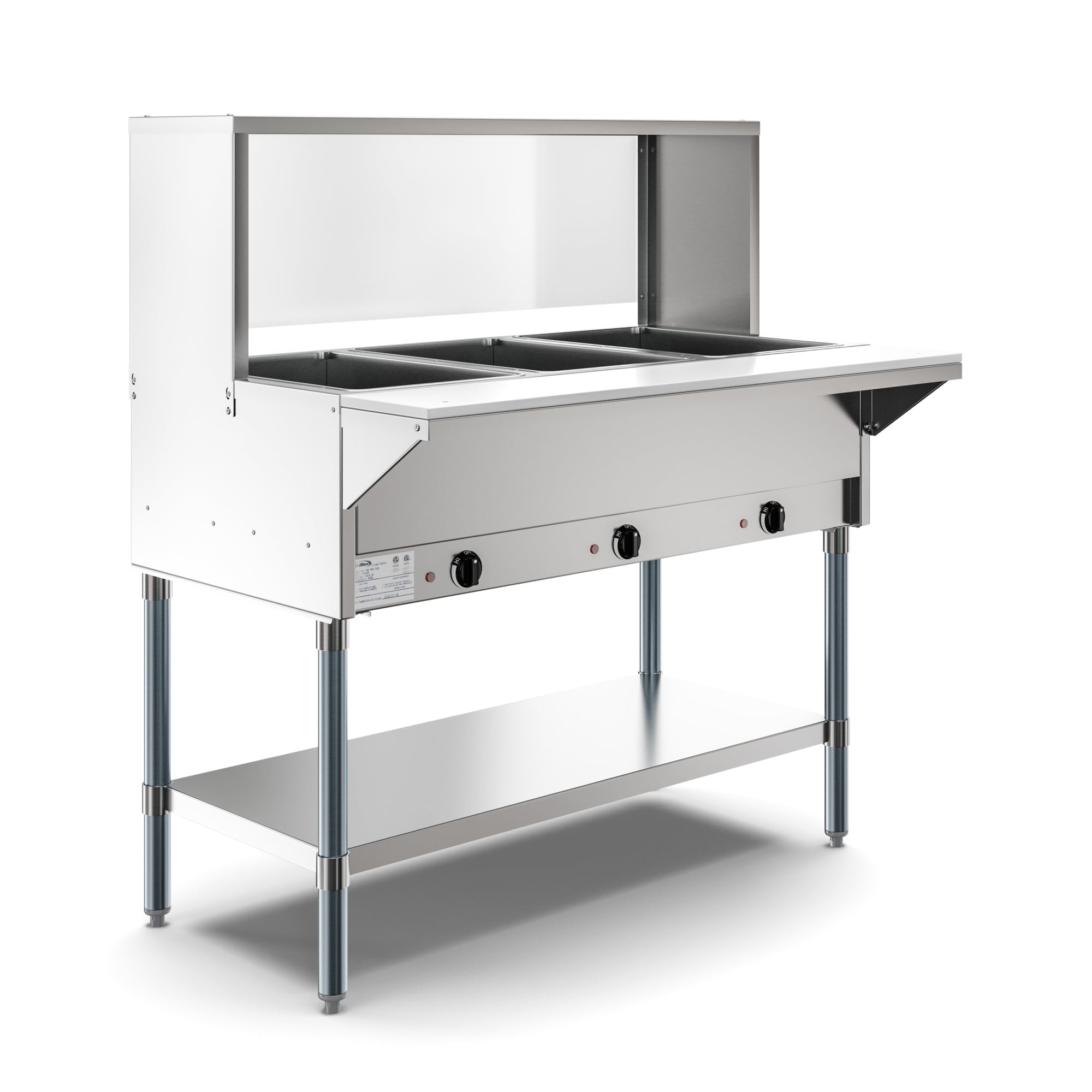 Three Pan Open Well Electric Steam Table with Undershelf and Sneeze-Guard