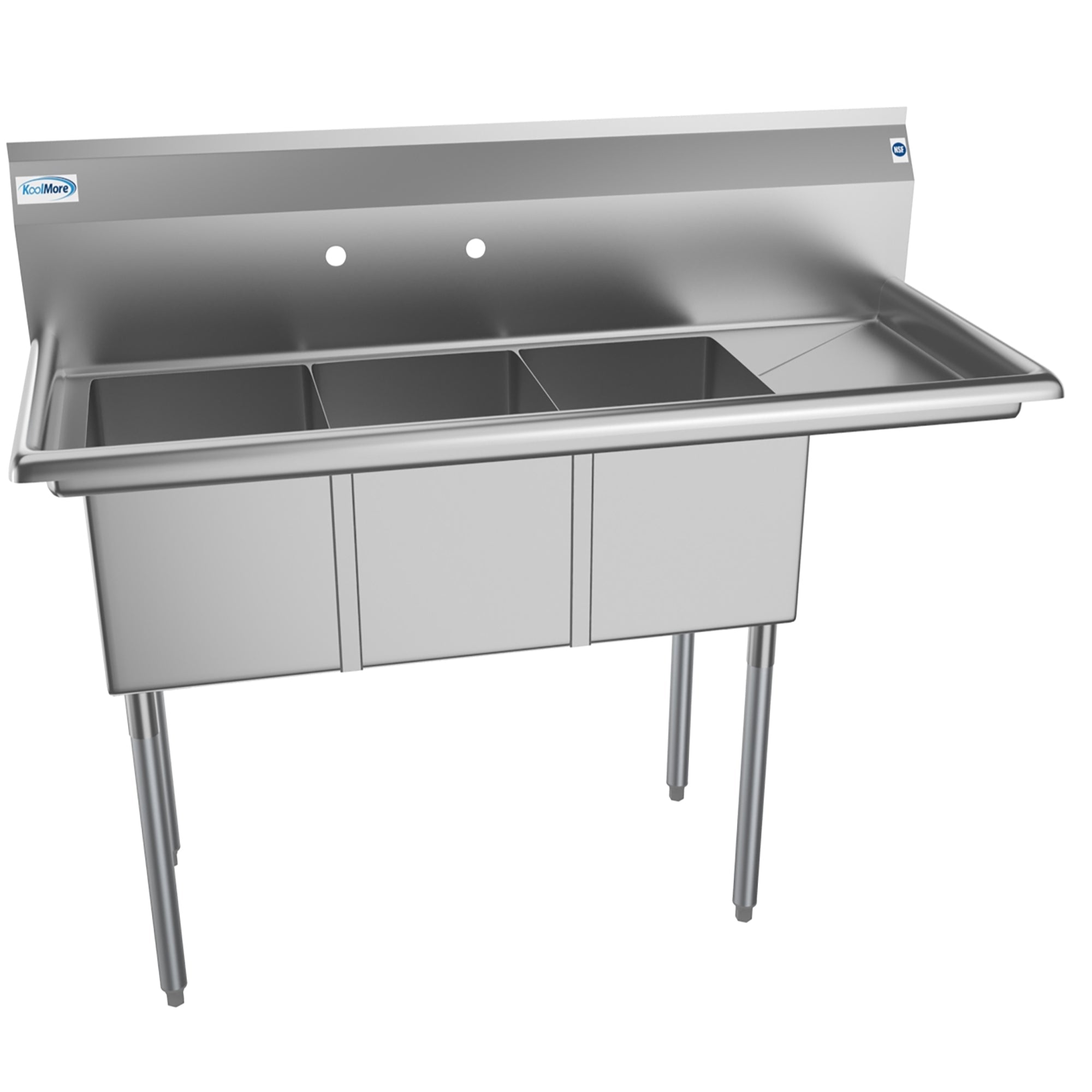51 in. Three Compartment Stainless Steel Commercial Sink with Drainboard, Bowl Size 12"x 16"x 10"