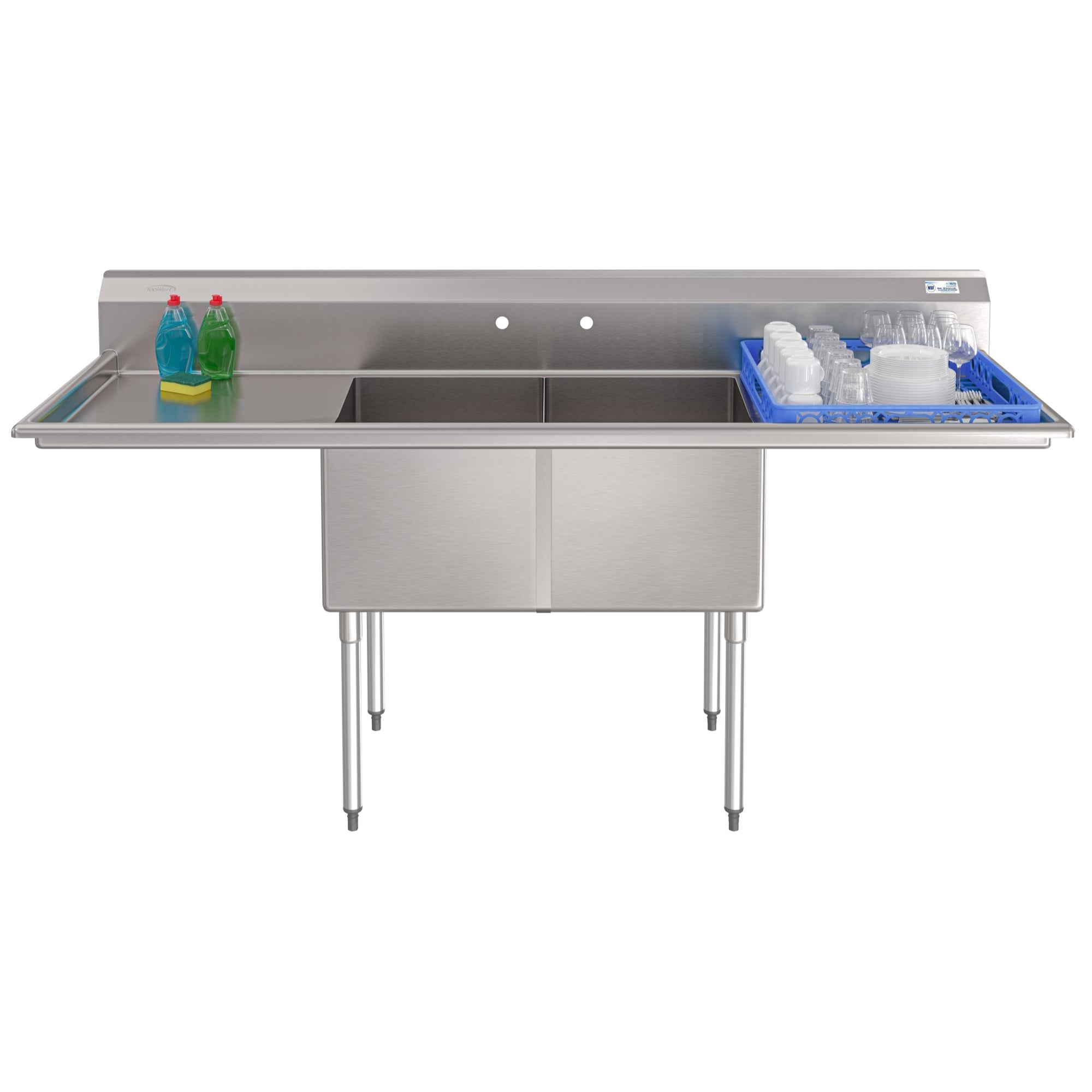 84 in. 18-Gauge 2-Compartment Commercial Sink with Backsplash and 24 in. Dual Drainboards, Bowl dimensions 18"x24"x14" in Stainless-Steel