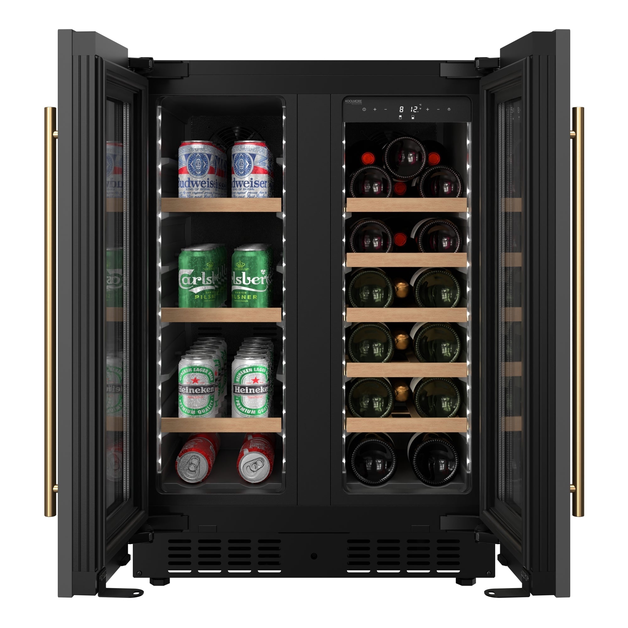 KoolMore Reserve 24 in. French Door Dual Zone Panel Ready Under-Counter Cooler with Wooden Shelves and 20 Bottle Capacity in the Right Zone and 2.1 Cu. Ft. on the Left in Black