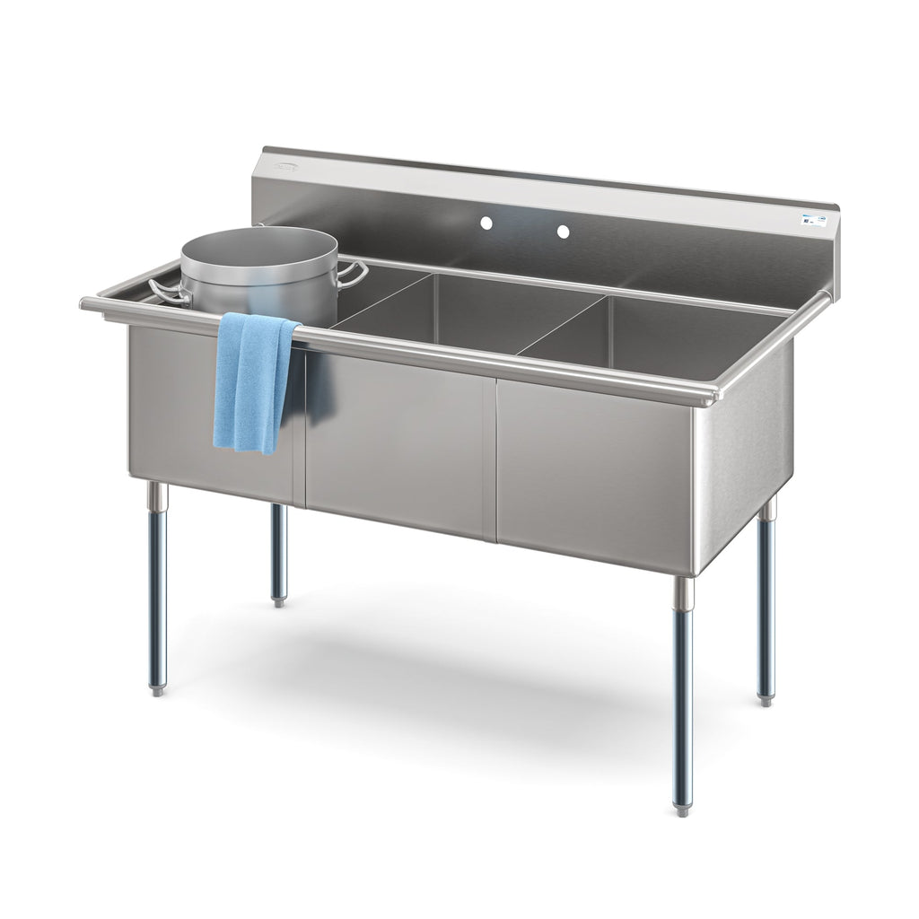 60 in. Three Compartment Commercial Sink, Bowl Size 18x24x14 in 18-Gauge Stainless-Steel