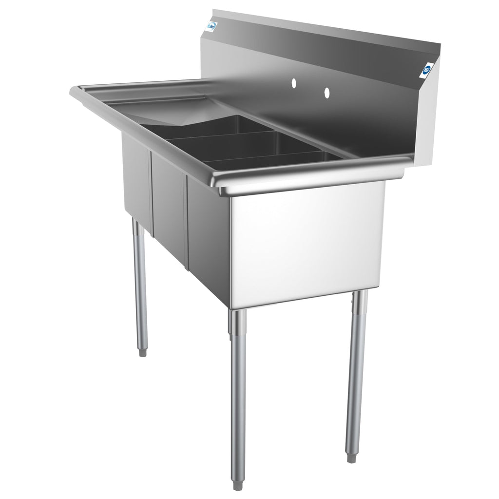 55 in. Three Compartment Stainless Steel Commercial Sink with Drainboard, Bowl Size 12"x 16"x 10"
