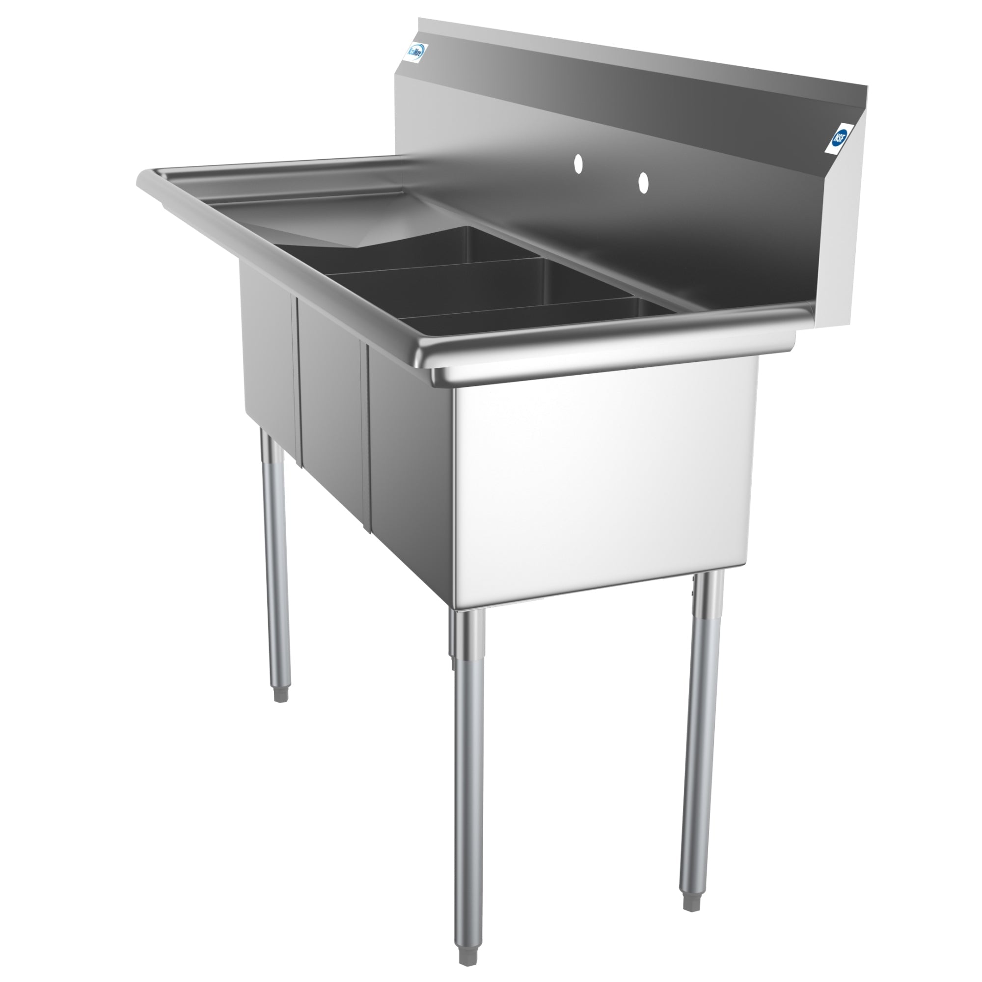 55 in. Three Compartment Stainless Steel Commercial Sink with Drainboard, Bowl Size 12"x 16"x 10"