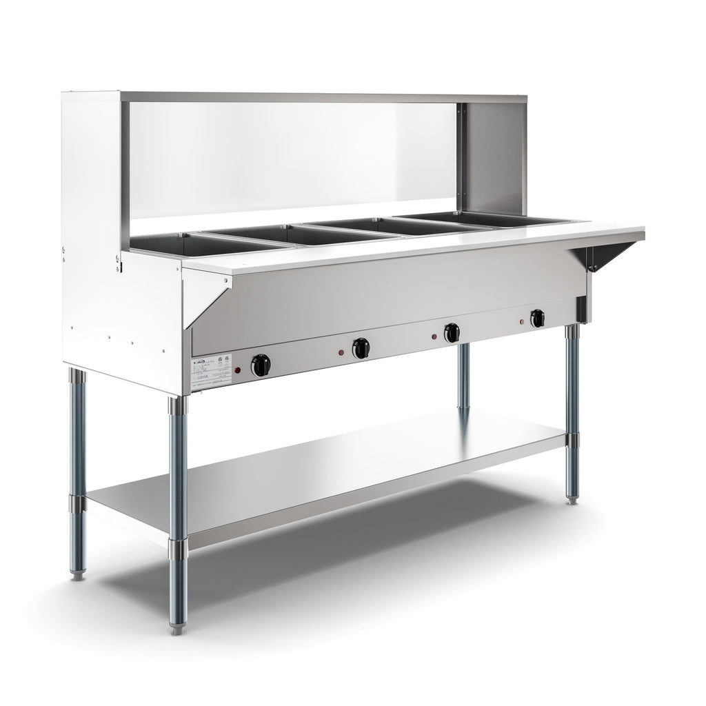 Four Pan Open Well Electric Steam Table with Undershelf and Sneeze-Guard