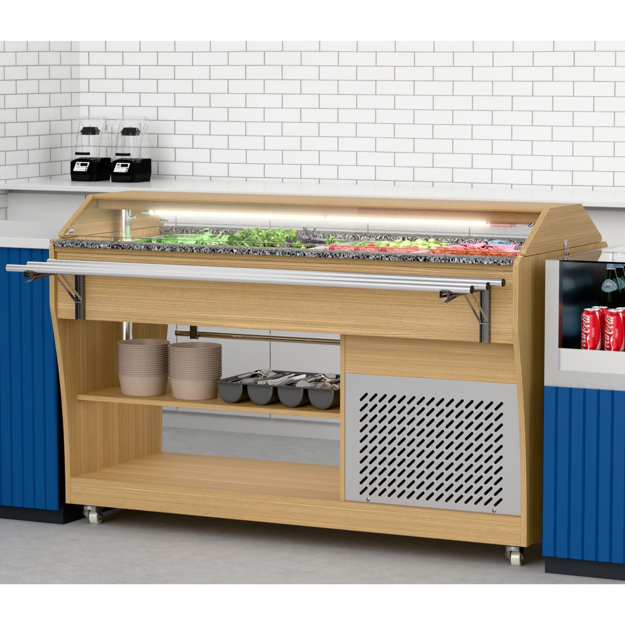 59 in. Commercial Refrigerated Buffet Table with Capacity for 4 Full-Size GN Pans, Featuring Adjustable Cover, a Serving Rail and 4 Lockable Casters in Wooden Finish