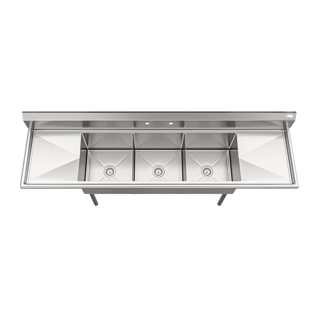 90 in. Three Compartment Commercial Sink Bowl Size 18x18x14 18-Gauge Stainless-Steel with 2 Drainboards