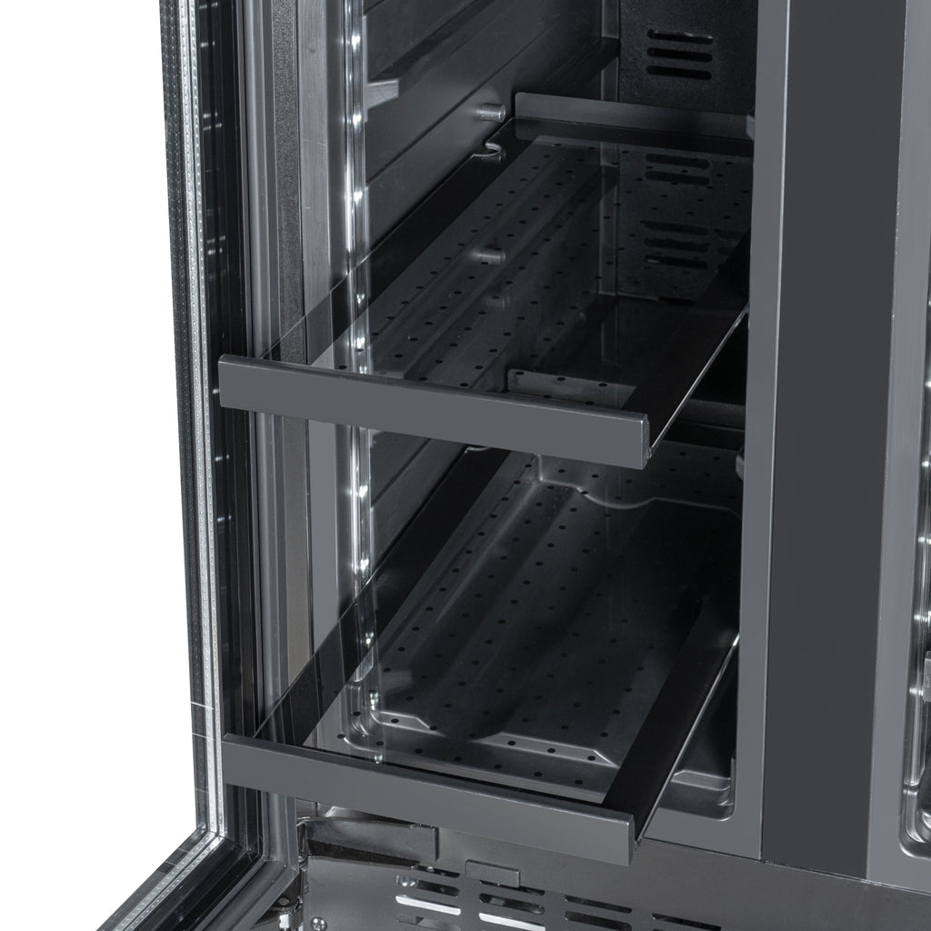 KoolMore Reserve 24 in. French Door Dual Zone Panel Ready Under-Counter Cooler with Black Shelves and 20 Bottle Capacity in the Right Zone and 2.1 Cu. Ft. on the Left in Black