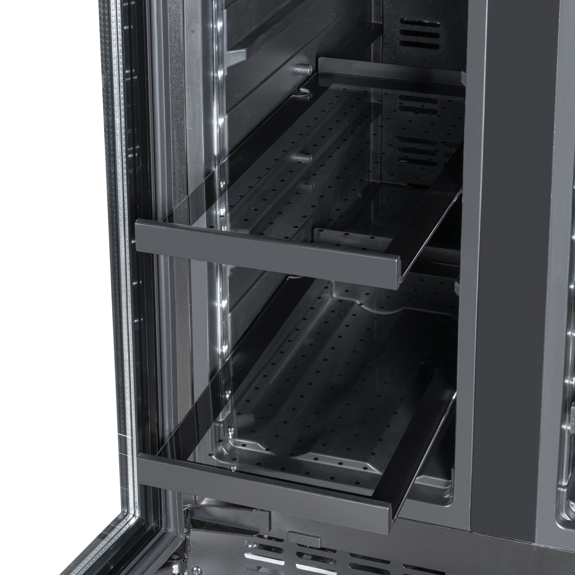KoolMore Reserve 24 in. French Door Dual Zone Panel Ready Under-Counter Cooler with Black Shelves and 20 Bottle Capacity in the Right Zone and 2.1 Cu. Ft. on the Left in Black