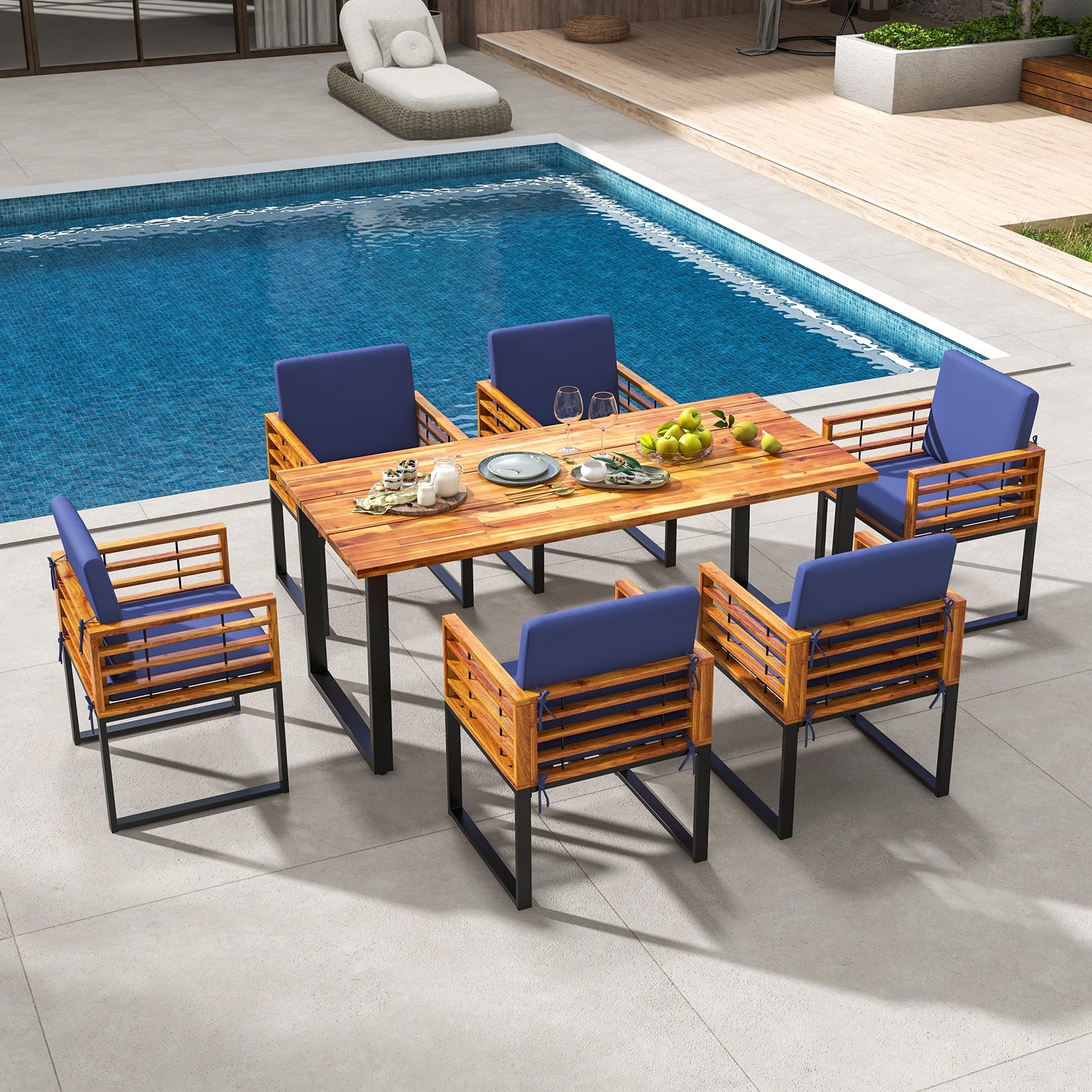Costway 7-Piece Patio Acacia Wood Dining Table Chair Set Backyard Poolside 69432185 New