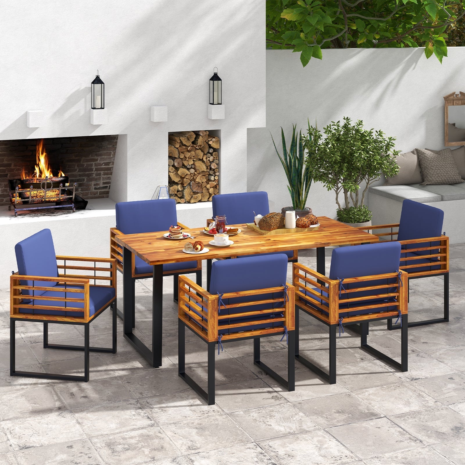 Costway 7-Piece Patio Acacia Wood Dining Table Chair Set Backyard Poolside 69432185 New