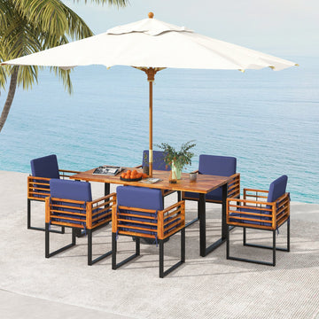 Costway 7-Piece Patio Acacia Wood Dining Table Chair Set Backyard Poolside 69432185 New