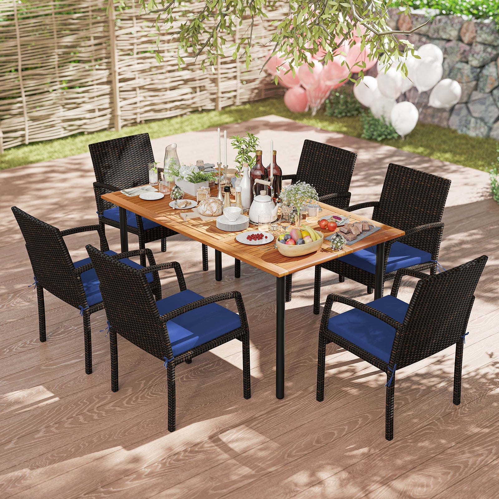 Costway 7-Piece Outdoor Acacia Wood Dining Set w/ Umbrella Hole & Cushions Turquoise 429385176 New