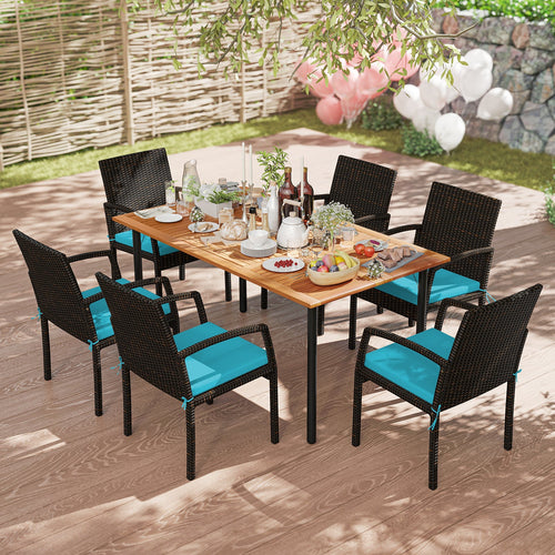 Costway 7-Piece Outdoor Acacia Wood Dining Set w/ Umbrella Hole & Cushions Turquoise 429385176 New