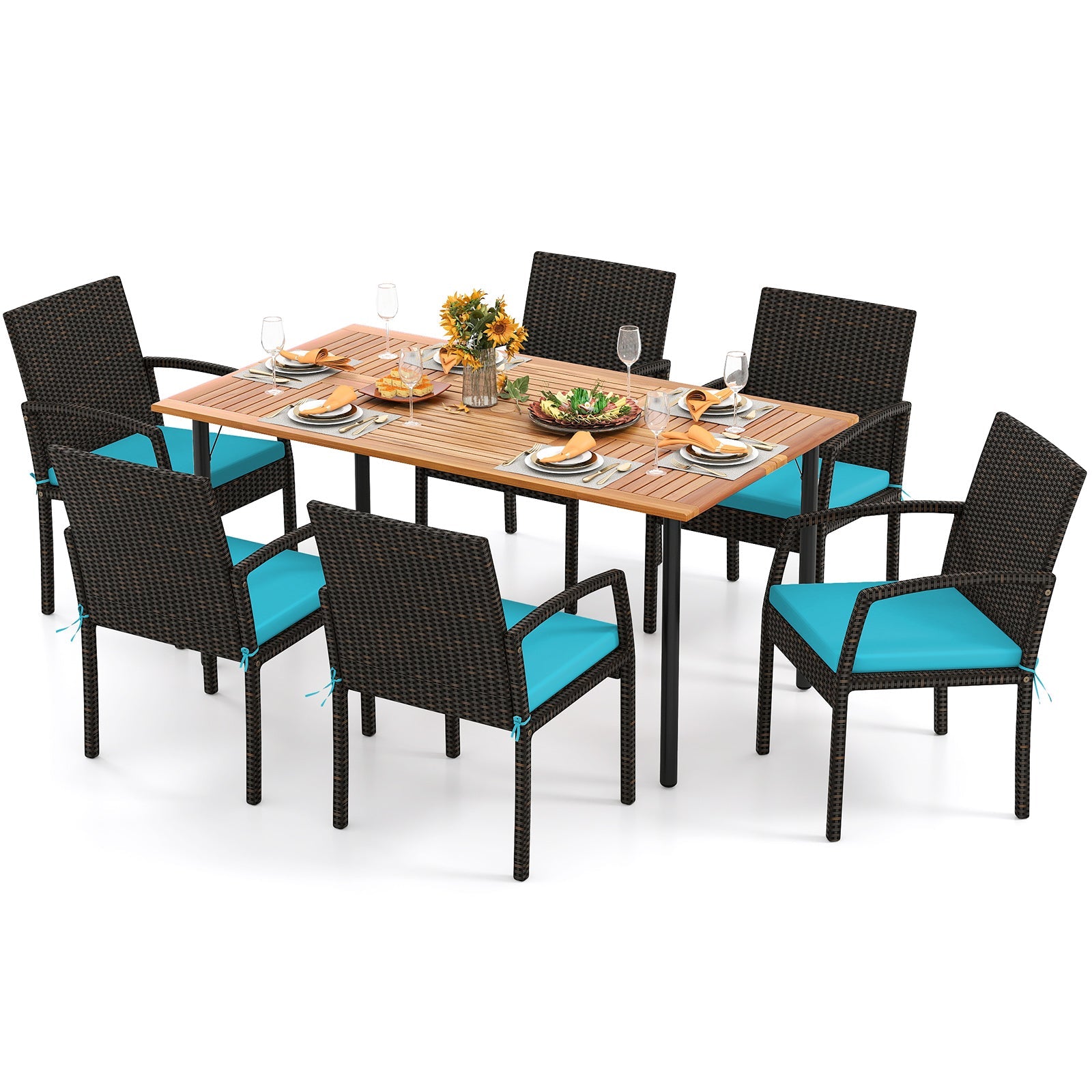 Costway 7-Piece Outdoor Acacia Wood Dining Set w/ Umbrella Hole & Cushions Turquoise 429385176 New