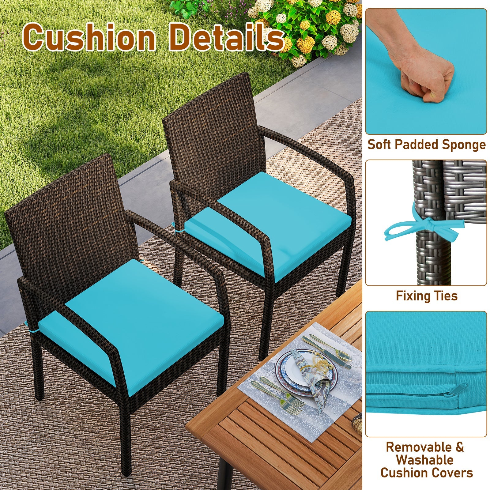 Costway 7-Piece Outdoor Acacia Wood Dining Set w/ Umbrella Hole & Cushions Turquoise 429385176 New