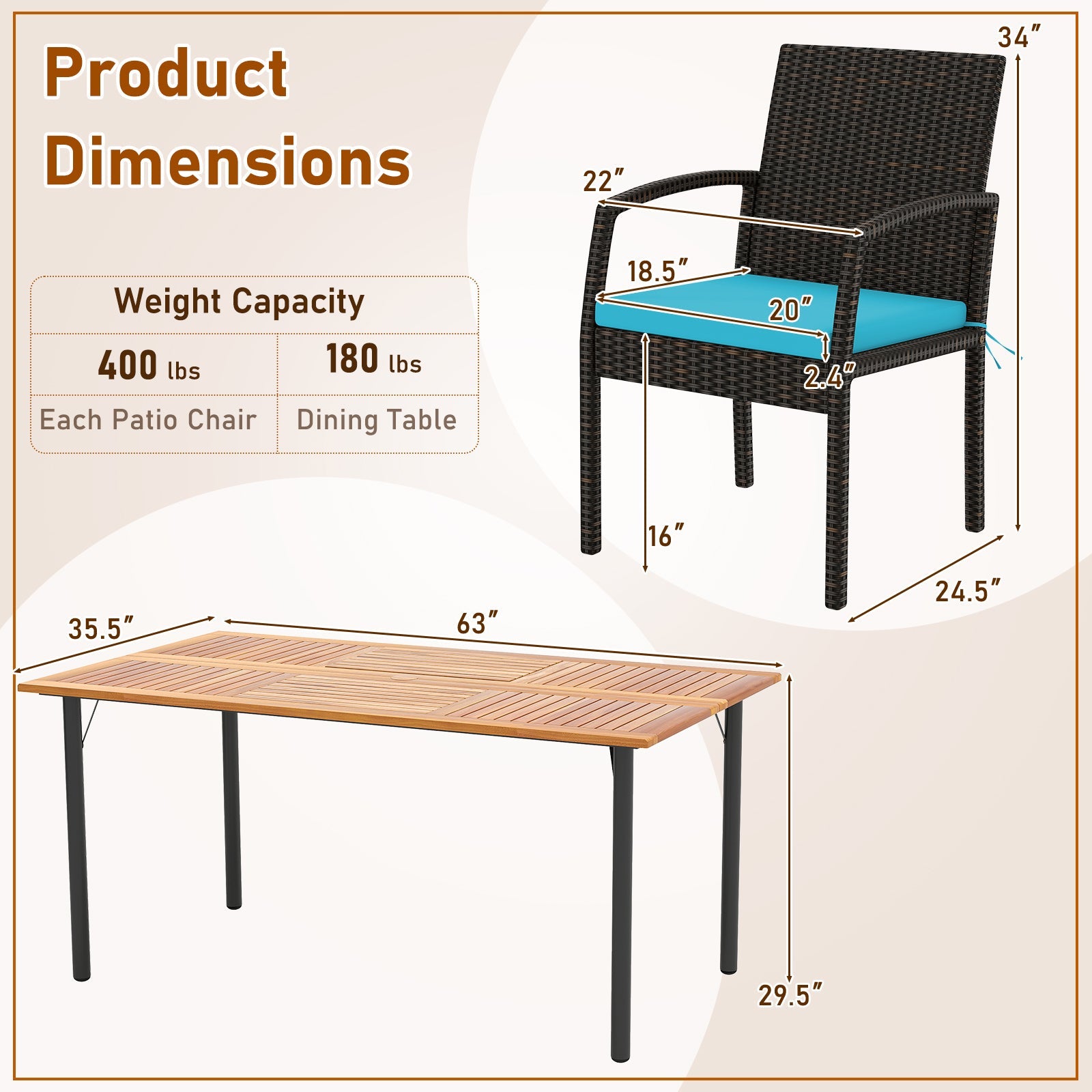 Costway 7-Piece Outdoor Acacia Wood Dining Set w/ Umbrella Hole & Cushions Turquoise 429385176 New