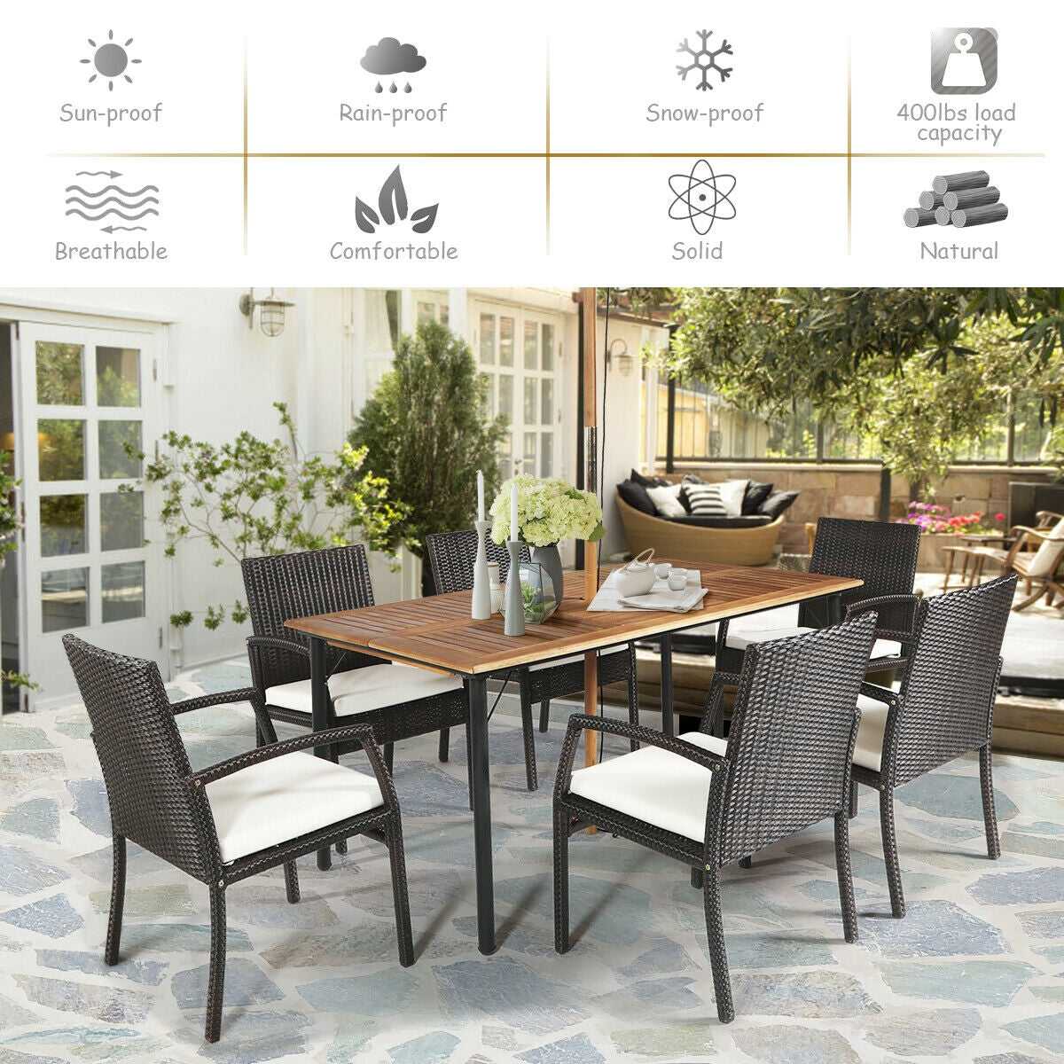 Costway 7-Pc Patio Rattan Cushioned Dining Set w/ Umbrella Hole 39746208 New