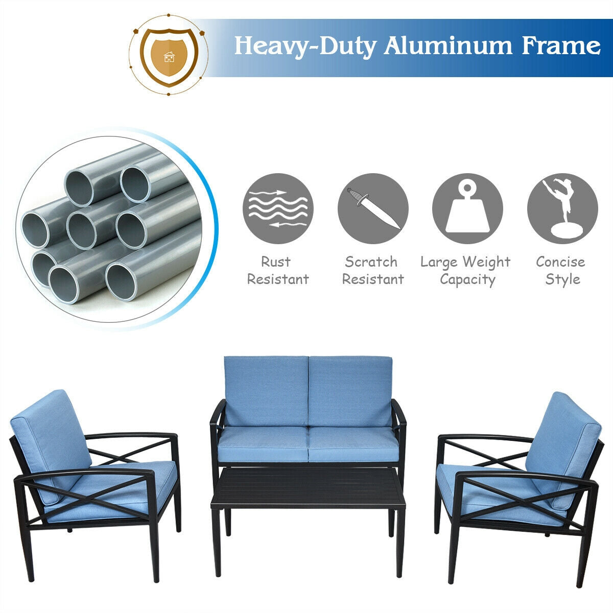 Costway 4-Pc Patio Furniture Set Aluminum Frame Cushioned Sofa 68451239 New