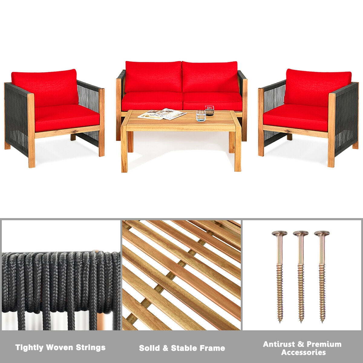 Costway 4-Piece Acacia Wood Outdoor Patio Sofa Set with Cushions 27630584 New