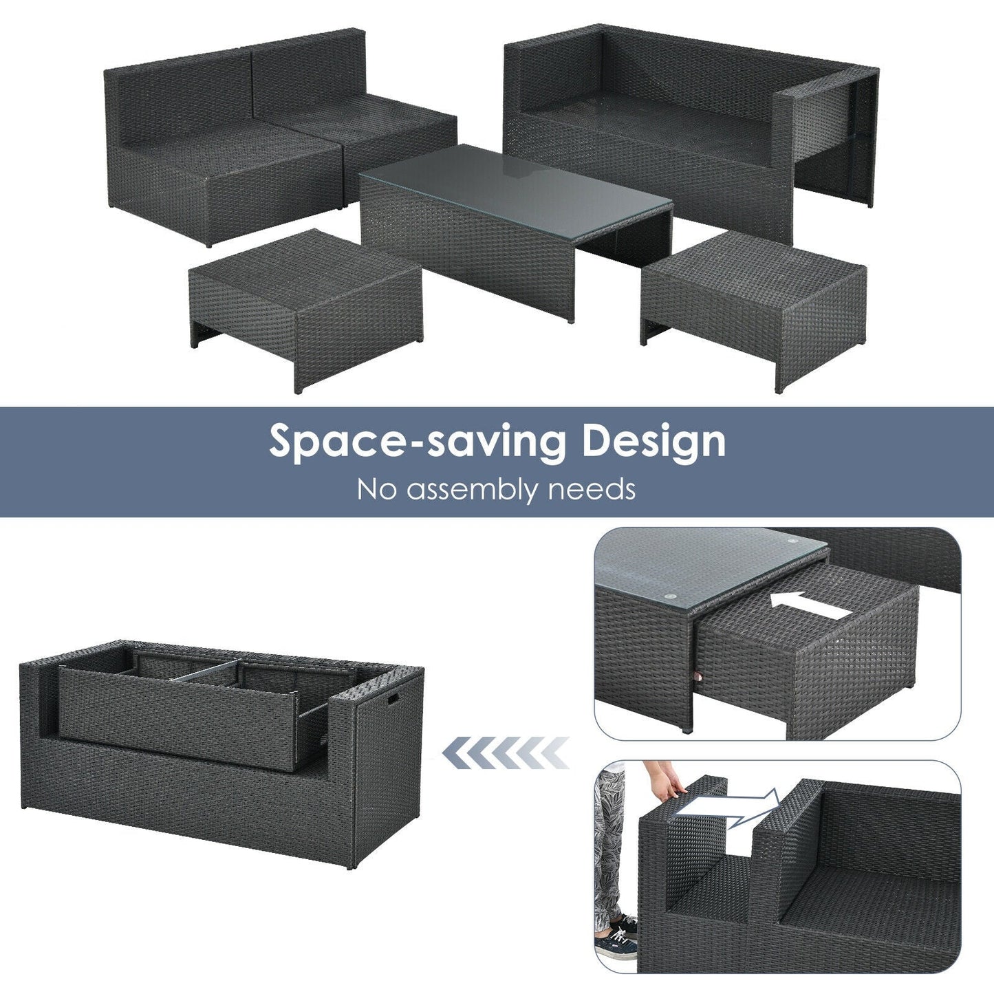 Costway 6-Piece Patio Rattan Sofa Furniture Set Glass Table Cushioned Gray 24567109 New