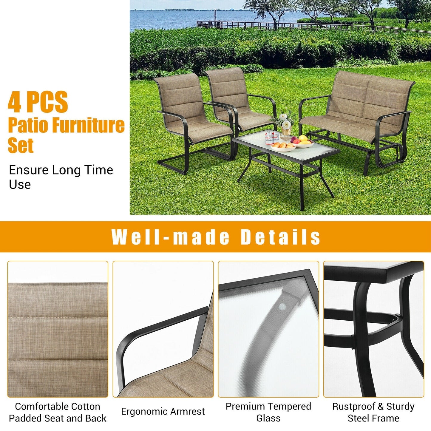 Costway 4-Piece Outdoor Patio Furniture Set Padded Glider Loveseat Coffee Table Brown 16735904 New