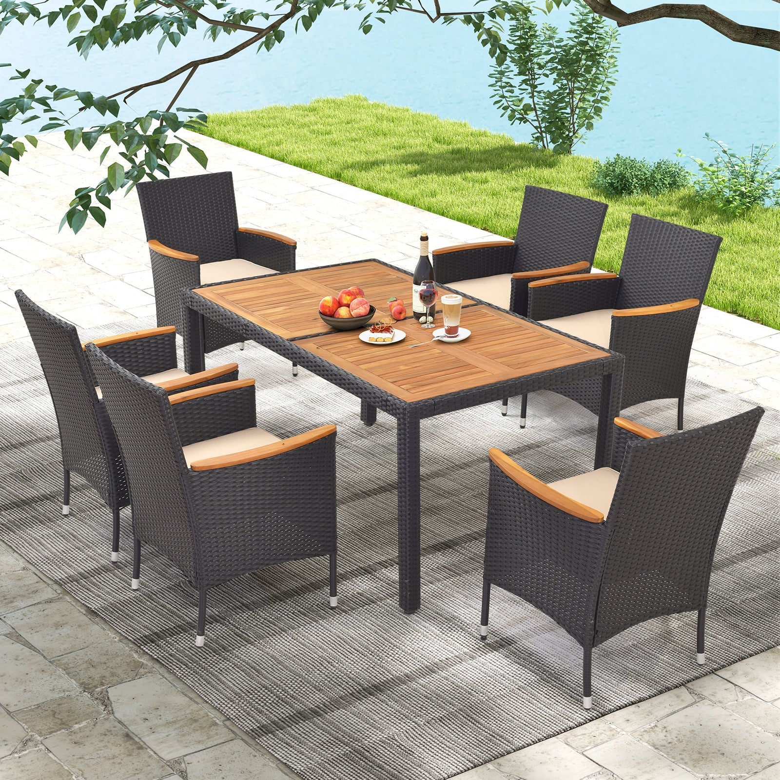Costway 7-Pc Outdoor Rattan Patio Dining Set w/ Umbrella Hole 82947153 New