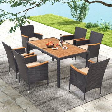 Costway 7-Pc Outdoor Rattan Patio Dining Set w/ Umbrella Hole 82947153 New