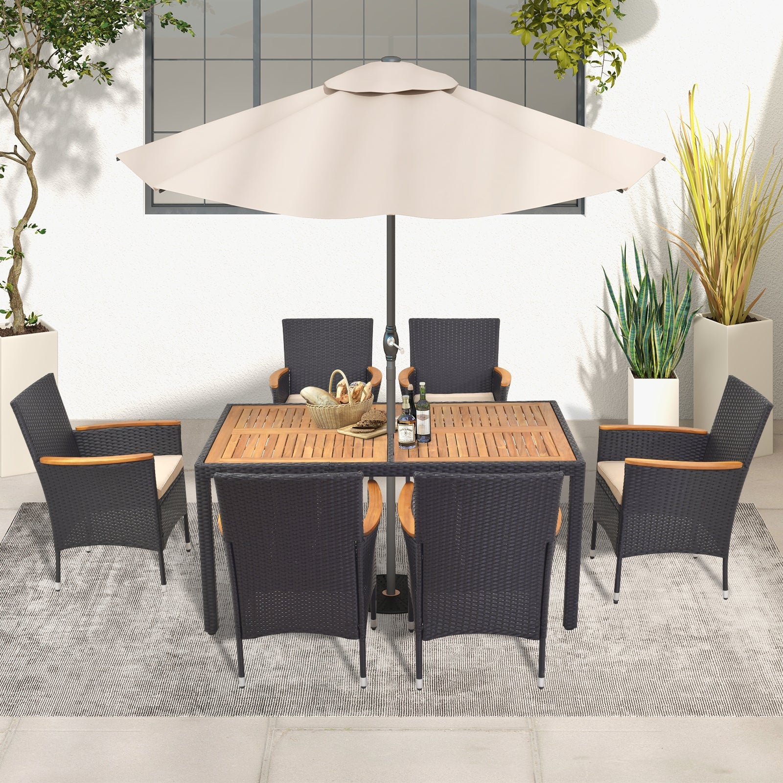 Costway 7-Pc Outdoor Rattan Patio Dining Set w/ Umbrella Hole 82947153 New